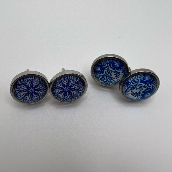 Classic Silver & Blue Stud Earrings - Stylish Blue Trendy Small Earrings - Picture 3 of 13